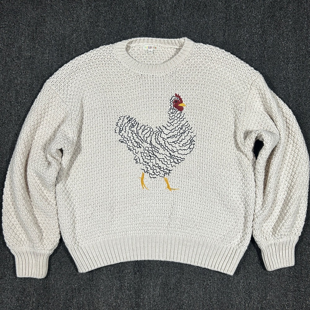 Molly Yeh Chicken Graphic Sweater Womens XL Cream Excellent Chunky Knit Pullover